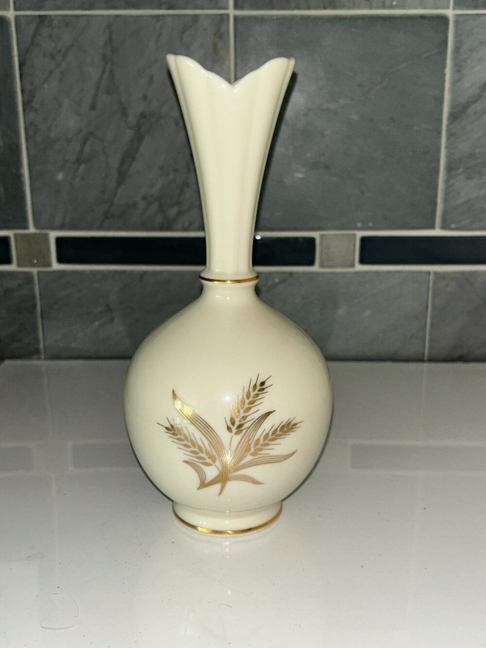 Vintage Lenox Bud Vase with Golden Wheat Motif & Gold Trim, made in USA, 8"H